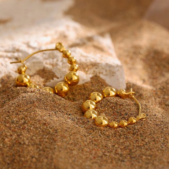 ^NEW 18K Gold Plated Bead Round Hoop Earrings - Picture 4 of 6